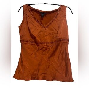 Alfani Rust V-Neck Top with Embroidered Trim Beaded Women’s size 4 100%silk